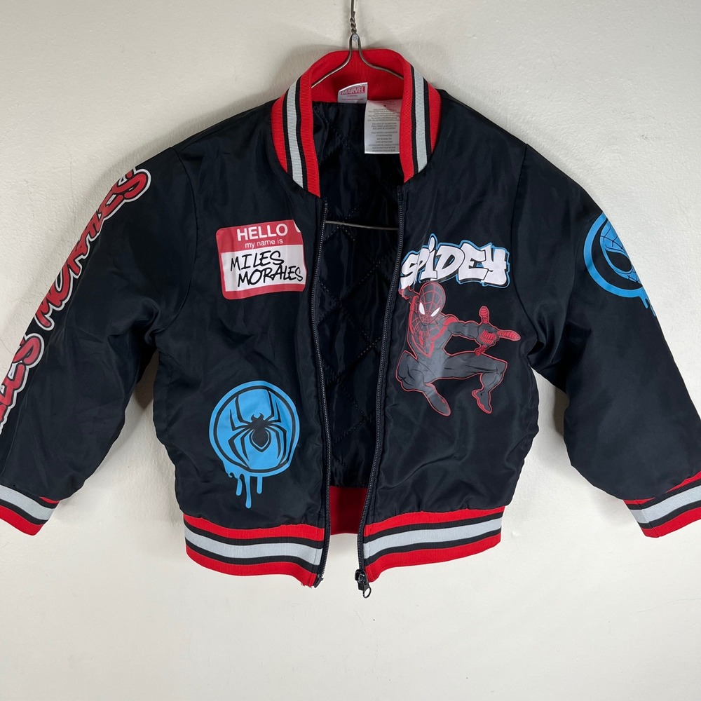 Marvel Bomber Jacket Miles Morales Spidey Kids Size 4 Black Polyester Quilted